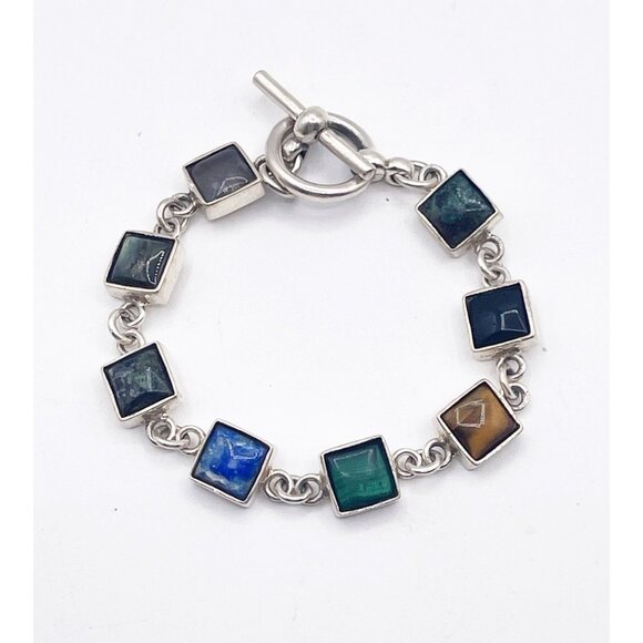 Vintage Sterling Silver Multi Stone Toggle Bracelet Lapis Malachite Tiger Eye - Picture 1 of 9